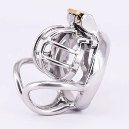 Chastity Cage with Anti-off Ring Short Stainless Steel Male Cockring Curved Testicle Restraints