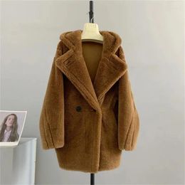 Women's Fur Women Jacket Winter Fashion Hooded Mid-Length Sheep Fleece Coat Double-Breasted Outwear Female Lamb Wool Overcoat W172