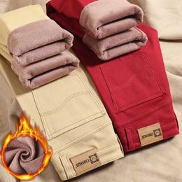 Men's Jeans Men's Winter Warm Fleece Khaki Red Jeans 2023 New Business Fashion Stretch Slim Fit Denim Thick Casual Pants Male Brand Trousers J231222