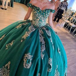 Green Shiny Quinceanera Dresses for Sweet 15 Year Sexy Off the Shoulder Puffy Ball Gown Lace Appliques Flower Princess Gowns
