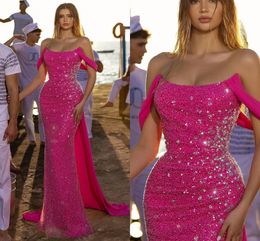 New Rosy Pink Sequins Mermaid Evening Dress 2024 Off Shoulder Crystal Long Prom Birthday Formal Gowns Red Carpet Dresses Robe De Soiree Casamento