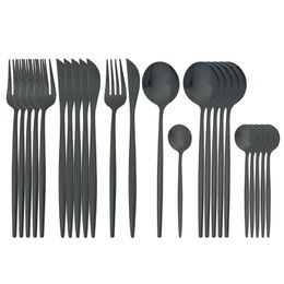 24Pcs Black Cutlery Stainless Steel Dinnerware LNIFE Fork Coffee Spoon Home Kitchen Dinner Tableware Set 201130282U