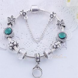 DIY Bracelet green crystal charm beads bracelets ring pendant four leaf charms 925 silver snake chain for girlfriend as gift215W