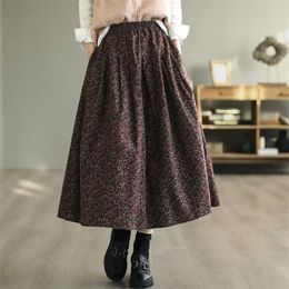 Skirts Literary And Artistic Retro Floral Fleece Cotton Skirt Women's Loose Elastic Waist Mid-Length Midi Saias Mujer Faldas Z238