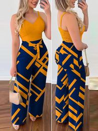 Women's Two Piece Pants Shirred Cami Top & Geometric Print High Waist Set