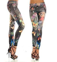 Elastic Anklelength Slim Punk Style Faux Denim Pencil Pants Sexy Women Leggings Butterfly Flower Printed Imitation Jeans1074926