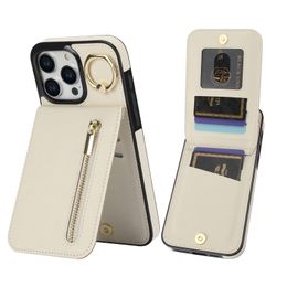 Shockproof PU Leather Zipper Cards Holder Wallet Case For iPhone 15 Pro Max 14 13 12 11 XR XS X 8 7 Ring Kickstand Phone Cover Funda