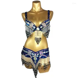 Stage Wear Belly Dance Women Beaded Sequin Tasselled Dress Bar Belt 2 Piece Set Waist Chain Costume Handmade Embroidered