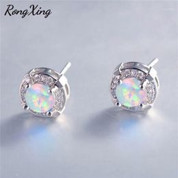 RongXing Simple Fashion Round Blue White Fire Opal Stud Earrings For Women White Gold Filled Wedding Earrings Ear07871261K