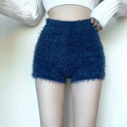 Women's Shorts Women Elastic Plush Short Pants Solid Colour Bottoming High Waist Knitted Fashion Furry Sexy Slim Fit