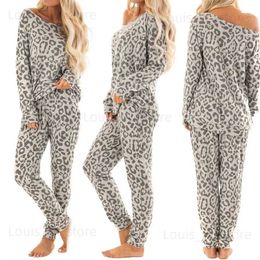 Women's Sleepwear 2Pcs Women Tracksuit Pants Pajama Autumn Lounge Wear Loungewear Leopard Print Pajamas Women Sleep Tops Pants Suit Nightie T231223