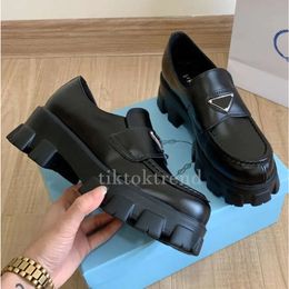 Brand women's chunky heel dress shoes classic matte round toe overall loafers luxury women's casual triangle black leather shoes