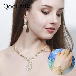 Bangle Qoolady 4 Pcs Nigerian Gold Cubic Zirconia Big Necklace Earrings Ring Dubai Wedding Bridal Party Costume Accessories Z075