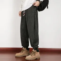 Men's Pants Autumn Winter Chinese Style Retro Striped Drawstring Distressed Woolen Large Size Causal Loose Trousers Male Clothes