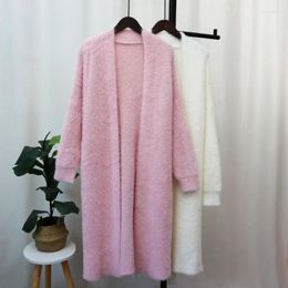 Women's Knits Korean Style Imitation Mink Velvet Knitted Cardigan Women Autumn Winter White Pink Loose Belt Soft Long Sweater Coat Sweet