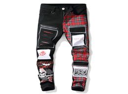 New Men039s skull printed Scottish plaid patchwork jeans Trendy patches design black ripped distressed denim long pants trouser2859298