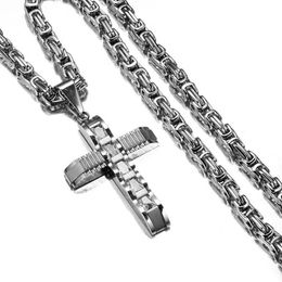 Pendant Necklaces Fashion Crucifix Cross Necklace Men Silver Colour Stainless Steel Punk Byzantine Chain Jewelry251N