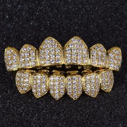 Luxury Design Diamond Teeth Grillz Gold Vampire Fangs CZ Grillz for Men Women Top Bottom Grillz with Molding Bar262W