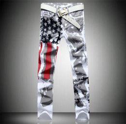 2017 New Arrival Men Casual American USA Flag Printed Jeans Pants Mens Graffiti Print white hiphop fashion Jeans5746306