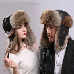 Berets Thick Warm Bomber Hat Unisex Real Fur With Genuine Leather Earflap Trapper Russian Cap Male Winter Ski Hats For Women