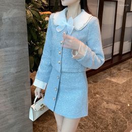 Work Dresses Runway Women's Sweet Bow Tie Long Sleeve Tweed Coat Brand Jackets Sequins Slim Skirts Suit For Ladies Two Peices Set Female