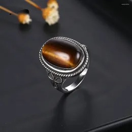 Cluster Rings Oval Large Natural Tiger Eye 925 Sterling Silver Jewellery For Women Vintage Engagement Wedding Anniversary Gift