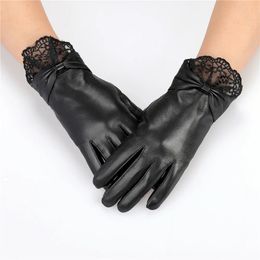 Luxury Women's Autumn Winter 100 Real Sheepskin Leather Gloves With Lace Mittens dressing glove fleece lined 231222