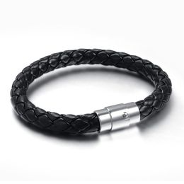 Stainless Steel Bangle Men Leather Cord Bracelet&Bangle Black Color Leather Bracelet For Men Wristband Rope Jewelry272H
