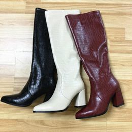 Boots Faux Leather Women Block Heel Knee High Woman Pointed Toe Heels Shoes Classic Wide Western Cowboy Lazy