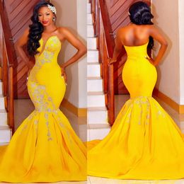 African Arabic Plus Size Aso Ebi Prom Dresses Yellow Mermaid Appliqued Lace Evening Formal Dress for Special Occasions Birthday Party Gowns Reception Gown ST695