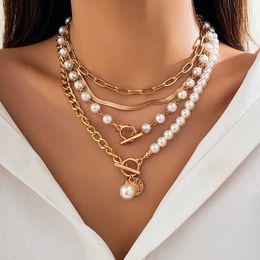 Beaded Necklaces Gothic Metal Disc Pendant Flat Snake Chain Clavicle Necklace Punk Imitation Pearl Chain Multi Layered Choker Women Neck JewelryL231223