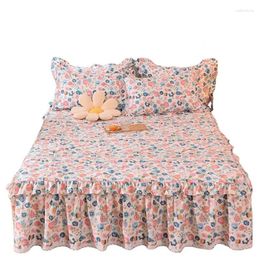 Bed Skirt American Countryside Waterproof Style Pure Cotton Flower Print Ruffle With Quilted Platform