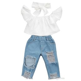 New Fashion Children Girls Clothes Off Shoulder Crop Tops White Hole Denim Pant Jean Headband 3pcs Toddler Kids Clothing3284771