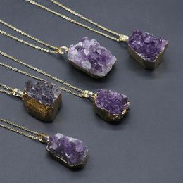 Natural Amethyst Cluster Pendant Healing Necklace Raw Gilded Edge Geode Decor Handmade Purple Crystal Hanging Decoration for Relea2458