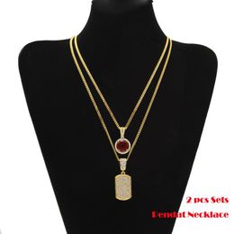2pcs Sets Pendant Black Red Blue Mini Round Gemstone Big Rhinestones Dog Tag Cuban Chain Two Necklace Men Women HipHop Jewellery 2 N239j