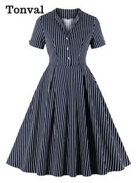 Dresses Tonval Navy Blue Button Front Striped Vintage Cotton Midi Dresses for Women 2022 High Waist Pocket Side Pleated Dress Summer