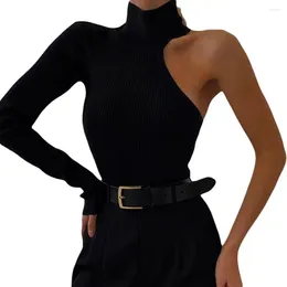 Women's Blouses Pne Shoudler Bodysuit Elegant One Shoulder Turtleneck Soft Knitted Solid Color Skinny Top For Women Warm Spring Fall