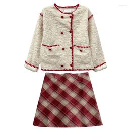 Work Dresses Harajpee Christmas Chic Suits Lamb Fleece Contrast Sweet Coat 2023 Autumn Women Retro Plaid Half Skirts Red Clothes Ins