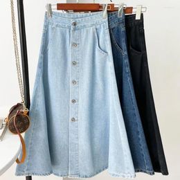 Skirts Summer A-line Skirt Women's High-waisted Over-the-knee Single-breasted Washed Light Blue Long