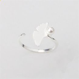 Antique Silver ginkgo leaf Plant Opening Finger ring for Women lady Elegant Wedding rings Imitation Pearl Lovely Gift231t