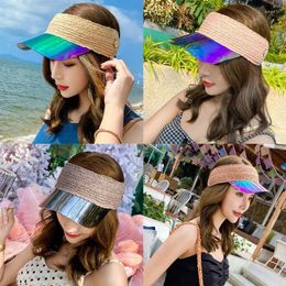 Wide Brim Hats Women Summer Empty Top Straw Baseball Hologram Transparent Panel UV For Protection Adjustable Beach Sun Visor Ha