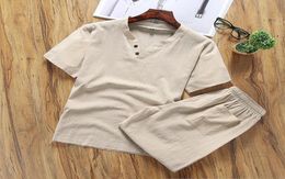 Men039s Shorts Cotton And Linen 2 Piece Sets Short Sleeve Summer Brand Vintage V Neck Suits For Men Tshirtshorts A244056483