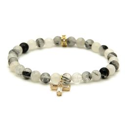 Whole Summer Womens Jewelry 6mm Black Rutilated Quartz Stone beads with Clear Zircons Loyal Cross Cz Bracelets313Z