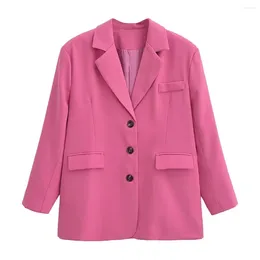 Women's Suits Women Fashion Rose Red Shoulder Pad Blazer Coat Vintage Long Sleeve Single-breasted All-match Casual Female Outerwear Chic