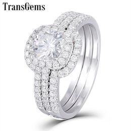 TransGems Solid 10K White Gold Engagement Bridal Set Centre 1ct 6MM Square Cushion Cut Halo Moissanite Ring Set for Women Y200620242S