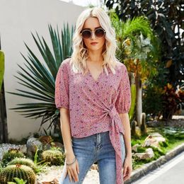 Women's Blouses Versatile Fashion Women Floral Print Side Bandage Thin Top Comfortable Tee Shirt Half Sleeve Female Clothing