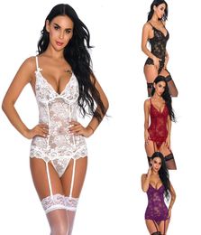 Wome Sleepwear Lingerie with Suspenders Lace and Mesh Lingerie Sexy Floral Sheer Laceup Back Teddy Bodysuits Red White Bridal Gar2831882