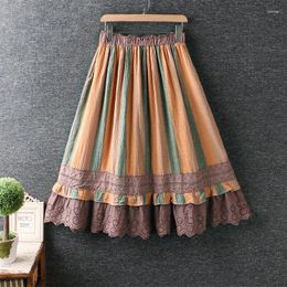 Skirts Summer Women's Sweet Small Fresh Elastic Waist Striped Cotton And Linen Long Skirt Embroidery Lace Dress Loose