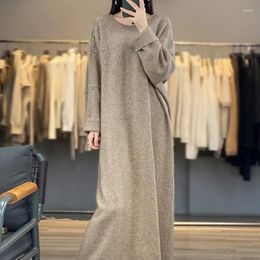 Casual Dresses Autumn And Winter Round Neck Cashmere Dress Female Loose Lazy Wind Embroidery Plus Size Sweater Pure Wool Knitted