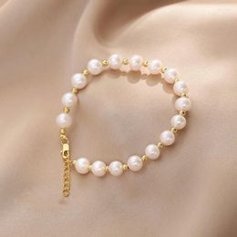 Strand Minar Exquisite Real Freshwater Pearl Beaded Bracelet For Women 14K Gold Plated Copper Beads Bracelets Accessories